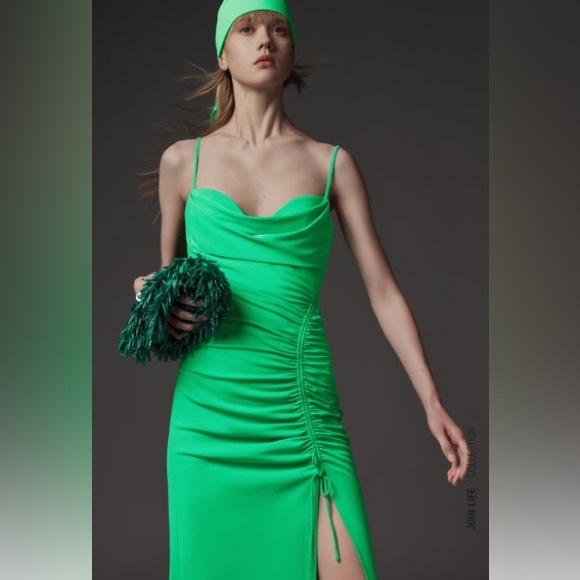 ZARA green ruched dress with slit-M - Picture 1 of 4